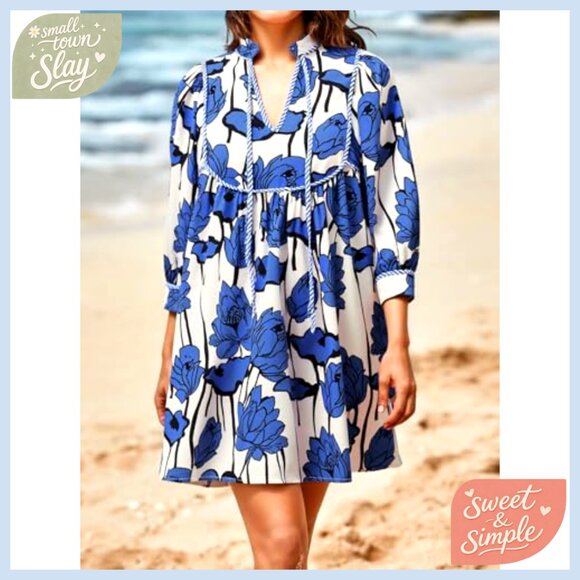 Floral Mini Dress with 3/4 Balloon Sleeves V-Neck Babydoll Summer Boho - Picture 2 of 7